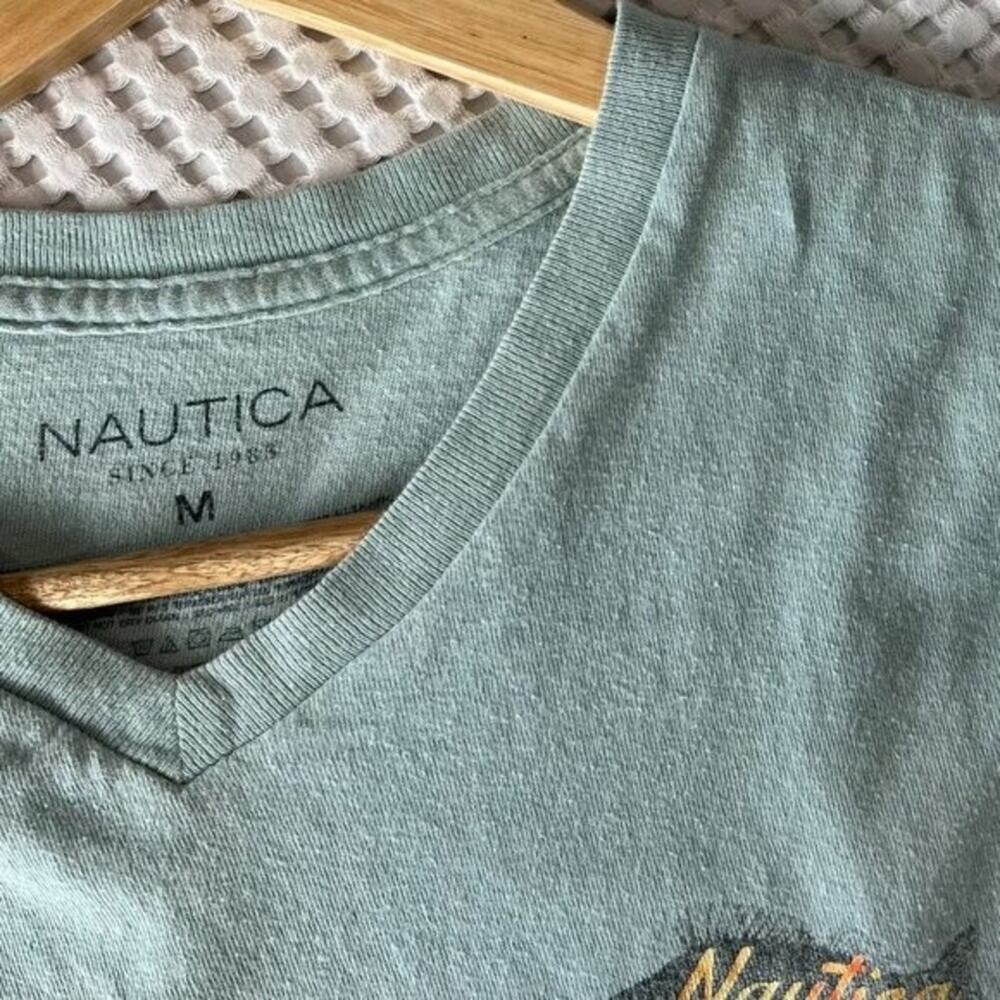 Nautica Medium Teal Fish Shirt Classic Fit V-neck Fishing Tee - Picture 3 of 6